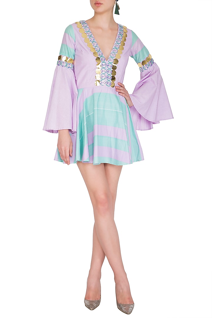 Aquamarine & Lilac Embellished Skater Vacation Dress by Nitya Bajaj at Pernia's Pop Up Shop