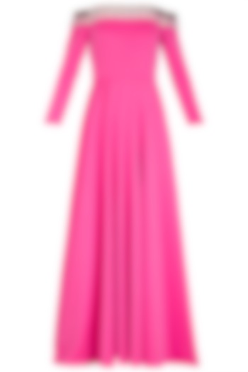 Hot Pink Embellished Off Shoulder Gown by Nitya Bajaj
