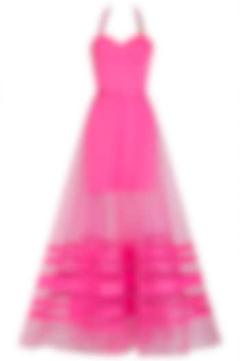 Hot Pink Embellished Dress With Detachable Drape by Nitya Bajaj