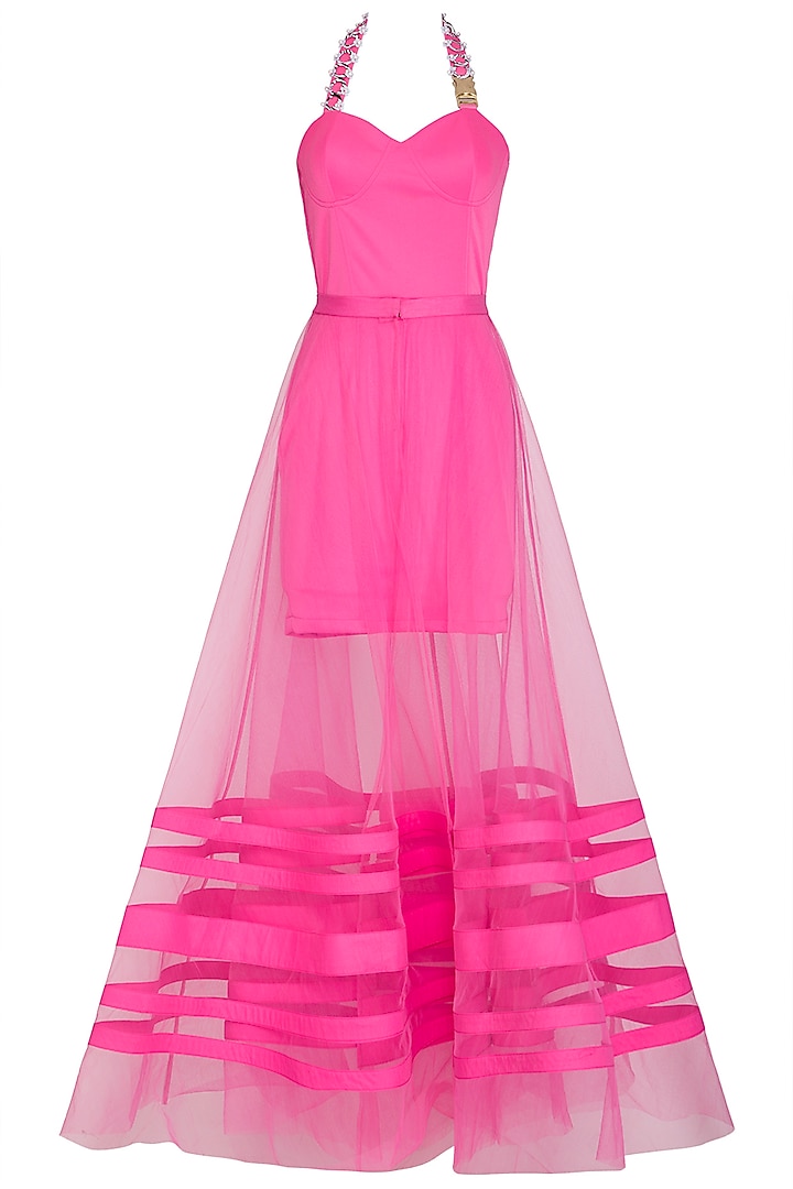 Hot Pink Embellished Dress With Detachable Drape by Nitya Bajaj