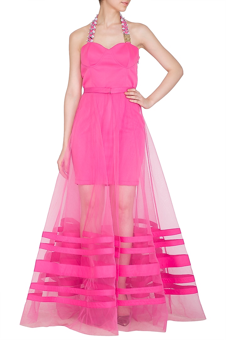 Hot Pink Embellished Vacation Dress With Detachable Drape by Nitya Bajaj at Pernia's Pop Up Shop