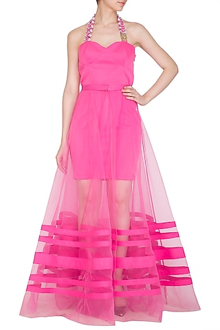 Hot Pink Embellished Dress With Detachable Drape by Nitya Bajaj
