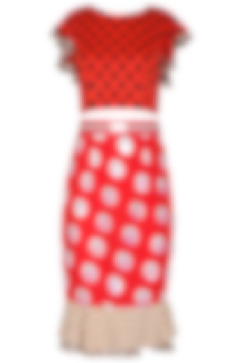 Red Polka Dot Crop Top With Pencil Skirt by Nitya Bajaj
