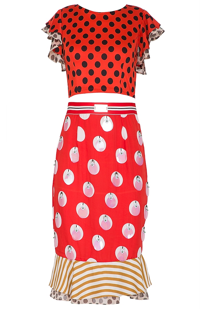 Red Polka Dot Crop Top With Pencil Skirt by Nitya Bajaj