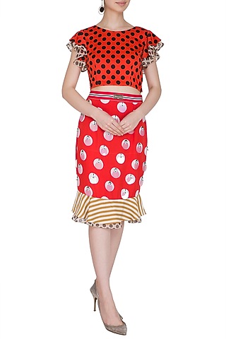 Red Polka Dot Crop Top With Pencil Skirt by Nitya Bajaj