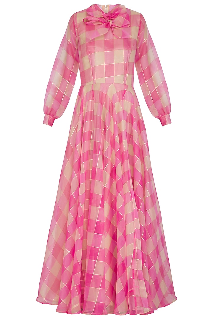Hot Pink Checkered Maxi Dress by Nitya Bajaj