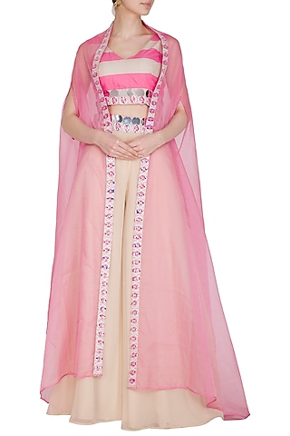 Hot Pink Sharara Set With Embellished Cape Jacket by Nitya Bajaj