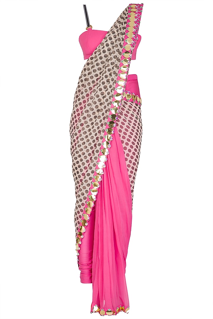 Hot Pink Polka Dot Pant Saree Set by Nitya Bajaj