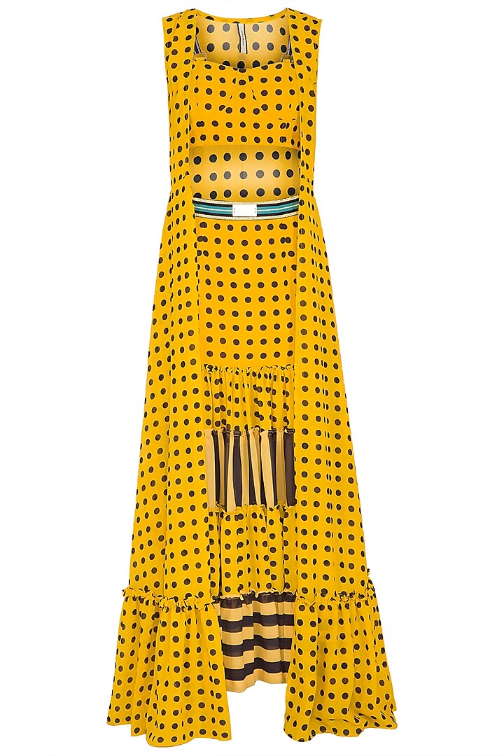 Yellow Polka Dot Bustier With Skirt & Cape by Nitya Bajaj