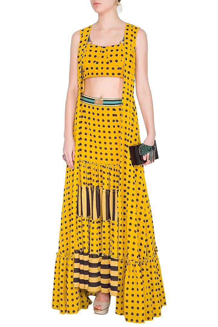 Yellow Polka Dot Bustier With Skirt & Cape by Nitya Bajaj at Pernia's Pop Up Shop