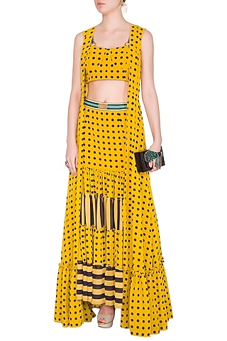 Yellow Polka Dot Bustier With Skirt & Cape by Nitya Bajaj