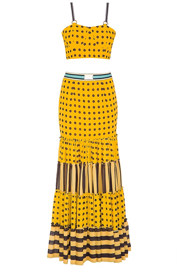 Yellow Polka Dot Bustier With Skirt & Cape by Nitya Bajaj at Pernia's Pop Up Shop