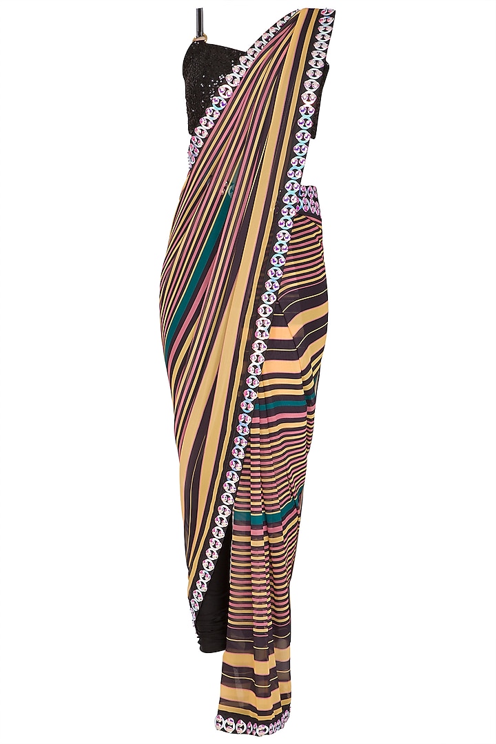 Black Striped Pant Saree Set by Nitya Bajaj