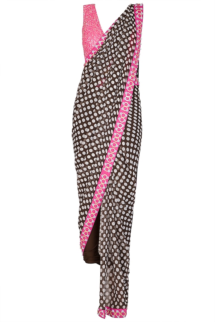 Black & Pink Embellished Pant Saree Set by Nitya Bajaj