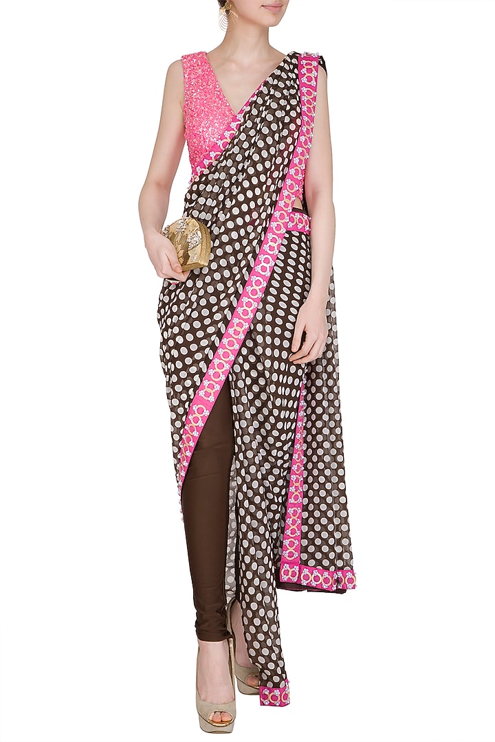 Black & Pink Embellished Pant Wedding Saree Set by Nitya Bajaj at Pernia's Pop Up Shop