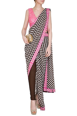 Black & Pink Embellished Pant Saree Set by Nitya Bajaj