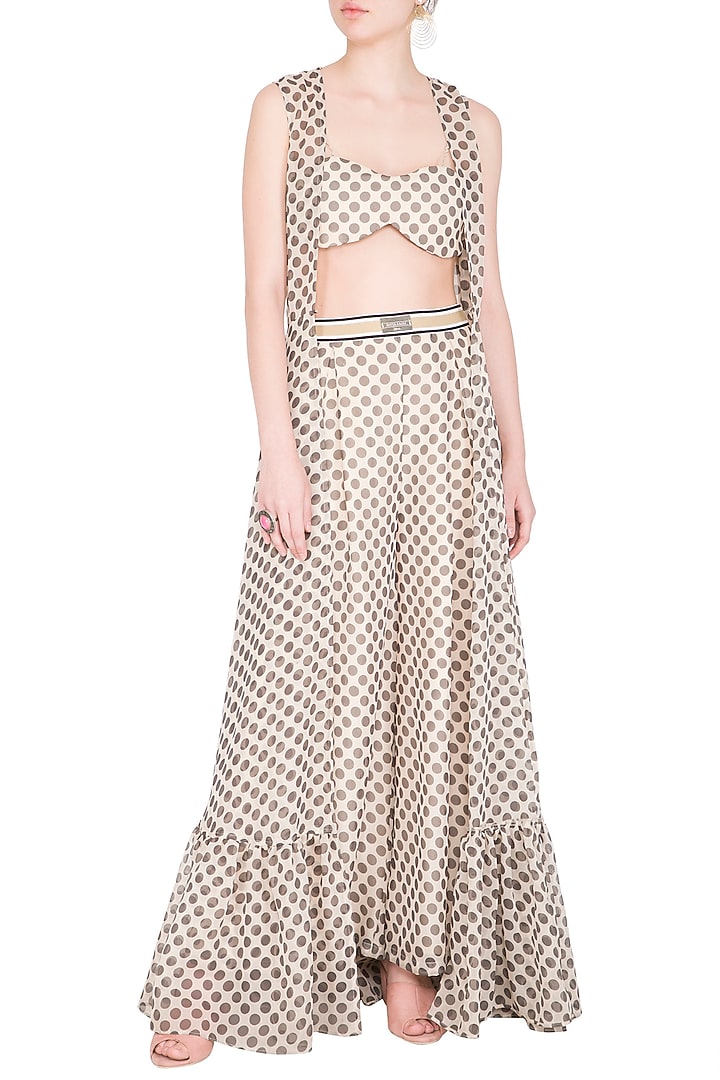 Ivory Polka Dot Bralette With Palazzo Pants & Cape by Nitya Bajaj at Pernia's Pop Up Shop