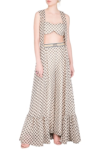 Ivory Polka Dot Bralette With Palazzo Pants & Cape by Nitya Bajaj