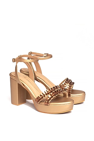 Antique Gold Faux Leather Block Heels by NIDHI BHANDARI