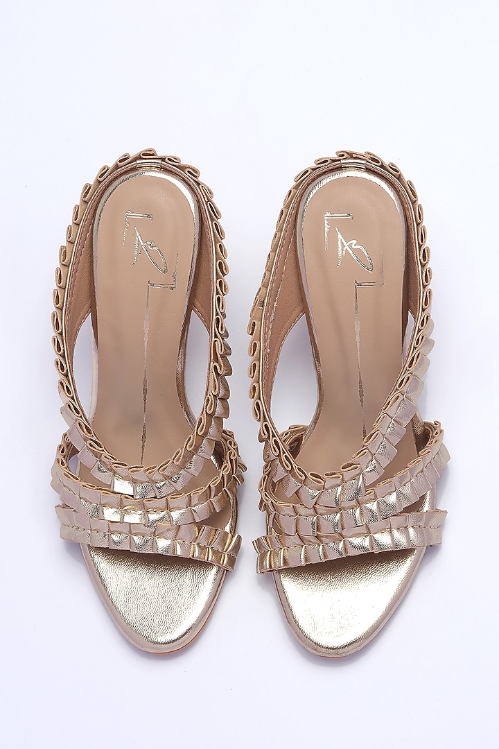 Gold Faux Leather Block Heels by NIDHI BHANDARI at Pernia's Pop Up Shop