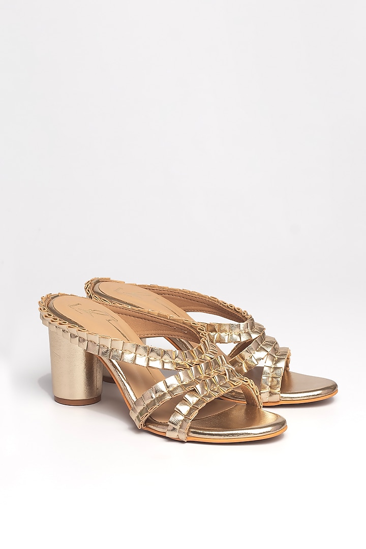 Gold Faux Leather Block Heels by NIDHI BHANDARI at Pernia's Pop Up Shop