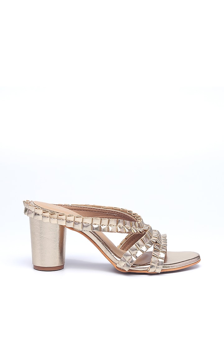 Gold Faux Leather Block Heels by NIDHI BHANDARI at Pernia's Pop Up Shop