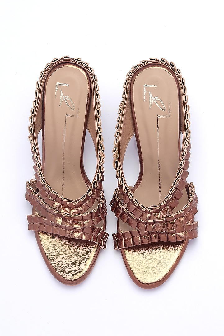 Antique Gold Faux Leather Block Heels by NIDHI BHANDARI at Pernia's Pop Up Shop
