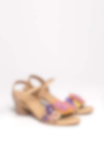 Beige Faux Leather Floral Embroidered Block Heels by NIDHI BHANDARI at Pernia's Pop Up Shop