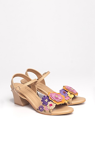 Beige Faux Leather Floral Embroidered Block Heels by NIDHI BHANDARI