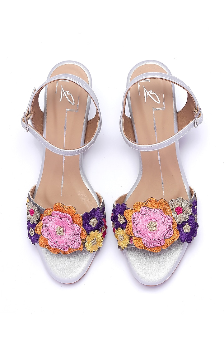 Silver Faux Leather Floral Embroidered Block Heels by NIDHI BHANDARI at Pernia's Pop Up Shop