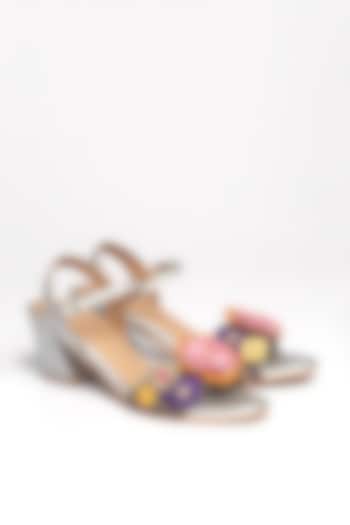 Silver Faux Leather Floral Embroidered Block Heels by NIDHI BHANDARI at Pernia's Pop Up Shop