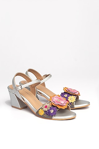 Silver Faux Leather Floral Embroidered Block Heels by NIDHI BHANDARI
