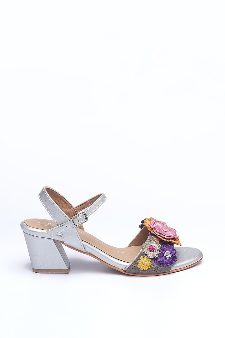 Silver Faux Leather Floral Embroidered Block Heels by NIDHI BHANDARI at Pernia's Pop Up Shop