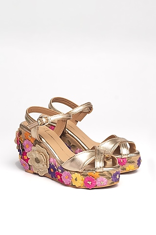 Gold Faux Leather Floral Embroidered Wedges by NIDHI BHANDARI