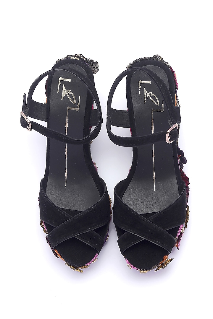 Black Faux Leather Embroidered Wedges by NIDHI BHANDARI at Pernia's Pop Up Shop