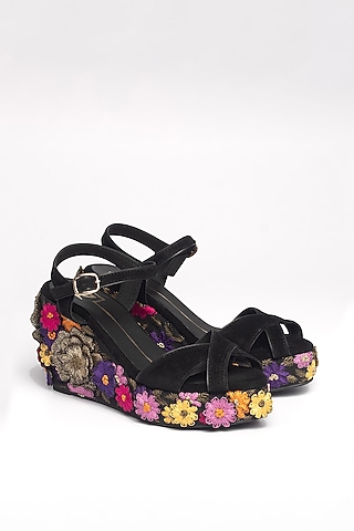 Black Faux Leather Embroidered Wedges by NIDHI BHANDARI