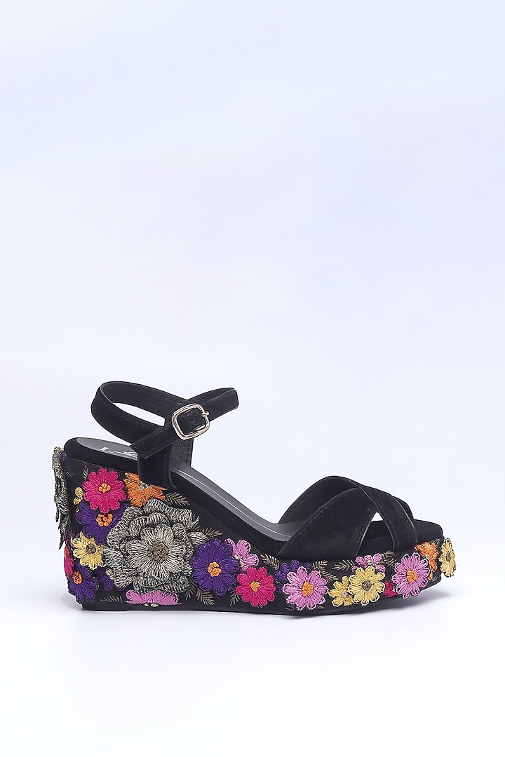 Black Faux Leather Embroidered Wedges by NIDHI BHANDARI at Pernia's Pop Up Shop
