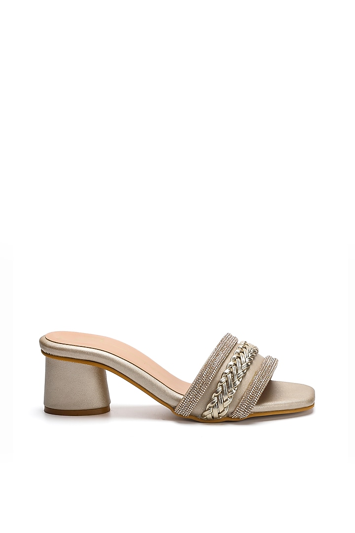 Gold Faux Leather Block Heels by NIDHI BHANDARI at Pernia's Pop Up Shop