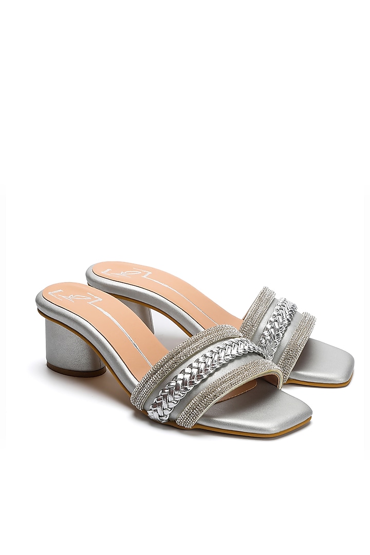 Silver Faux Leather Block Heels by NIDHI BHANDARI at Pernia's Pop Up Shop