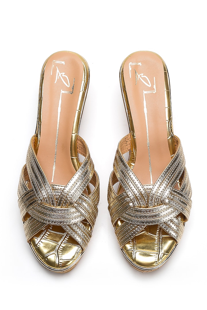 Gold Faux Leather Pleated Wedges by NIDHI BHANDARI