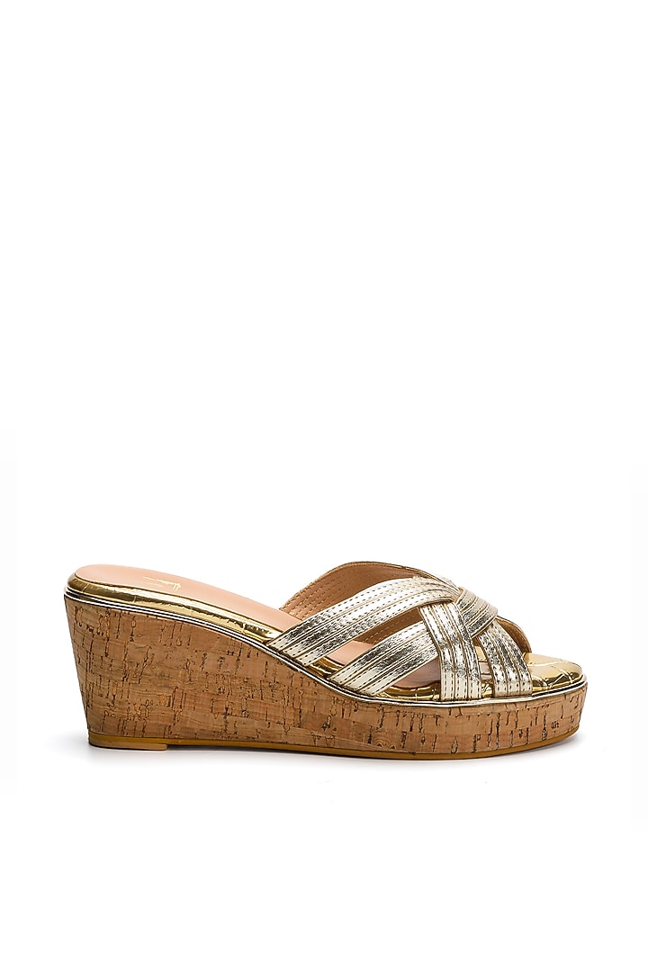 Gold Faux Leather Pleated Wedges by NIDHI BHANDARI at Pernia's Pop Up Shop