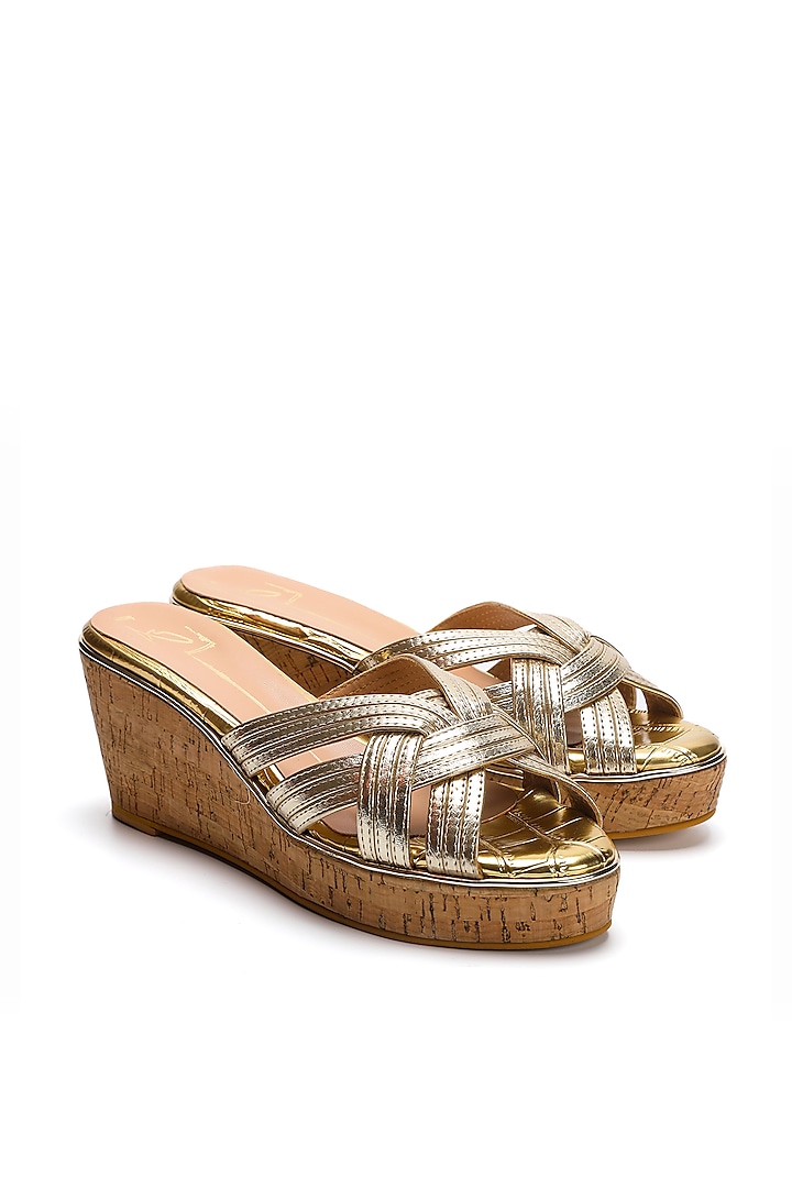 Gold Faux Leather Pleated Wedges by NIDHI BHANDARI at Pernia's Pop Up Shop