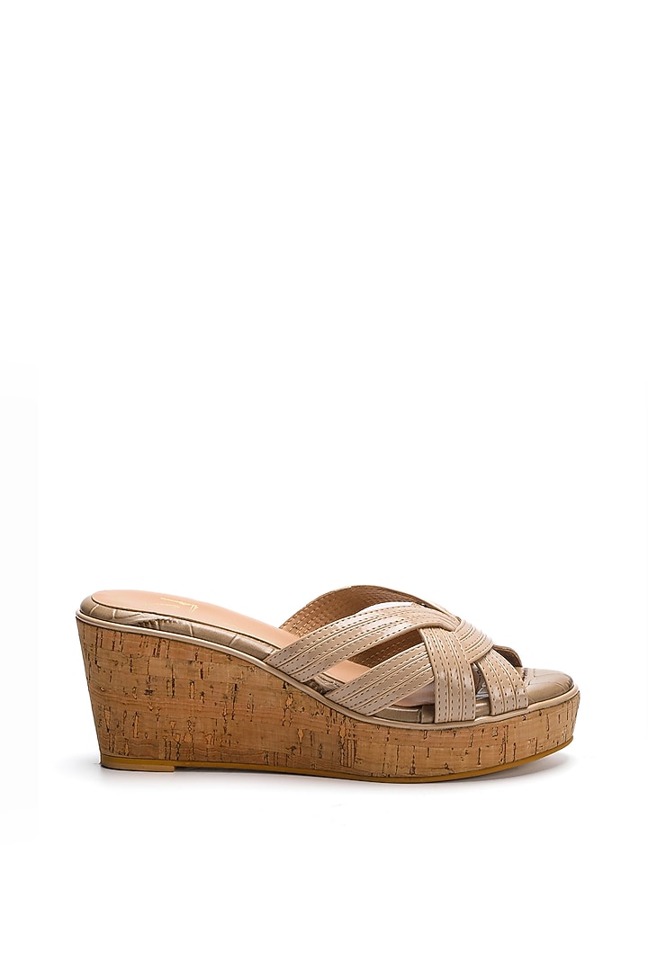 Beige Faux Leather Pleated Wedges by NIDHI BHANDARI at Pernia's Pop Up Shop