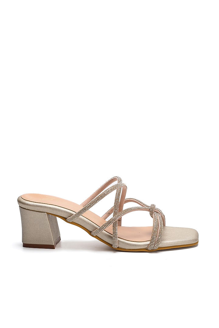 Gold Faux Leather Swarovski Strap Block Heels by NIDHI BHANDARI at Pernia's Pop Up Shop