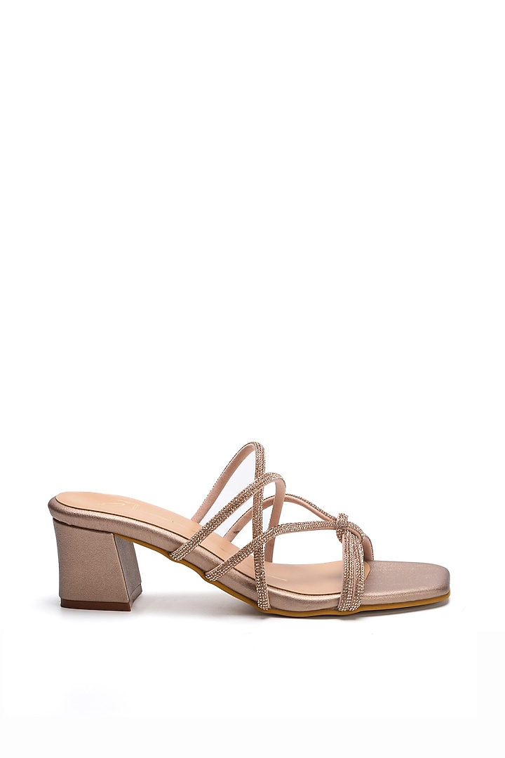 Rose Gold Faux Leather Swarovski Strap Block Heels by NIDHI BHANDARI at Pernia's Pop Up Shop