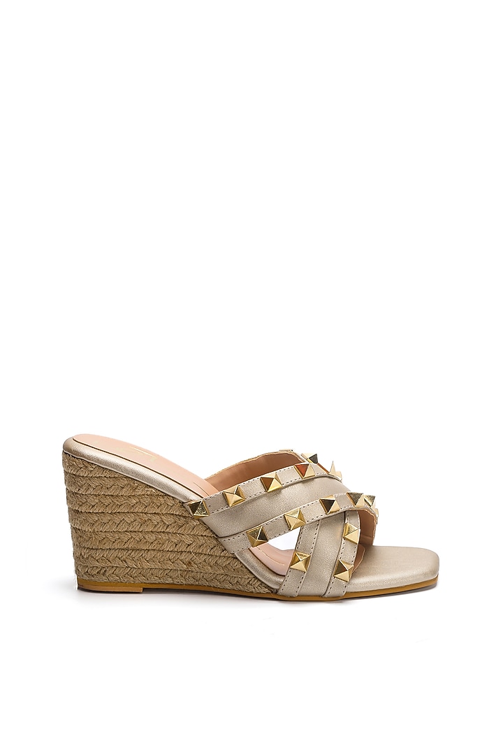Gold Faux Leather Embellished Wedges by NIDHI BHANDARI at Pernia's Pop Up Shop