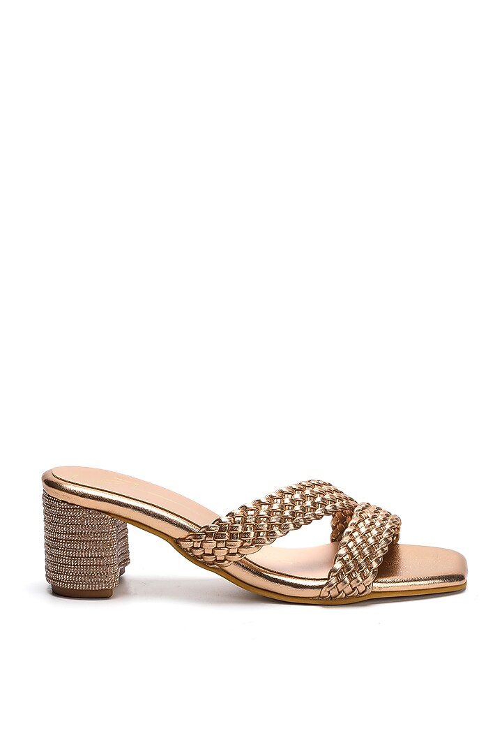 Rose Gold Faux Leather Textured Strap Block Heels by NIDHI BHANDARI at Pernia's Pop Up Shop