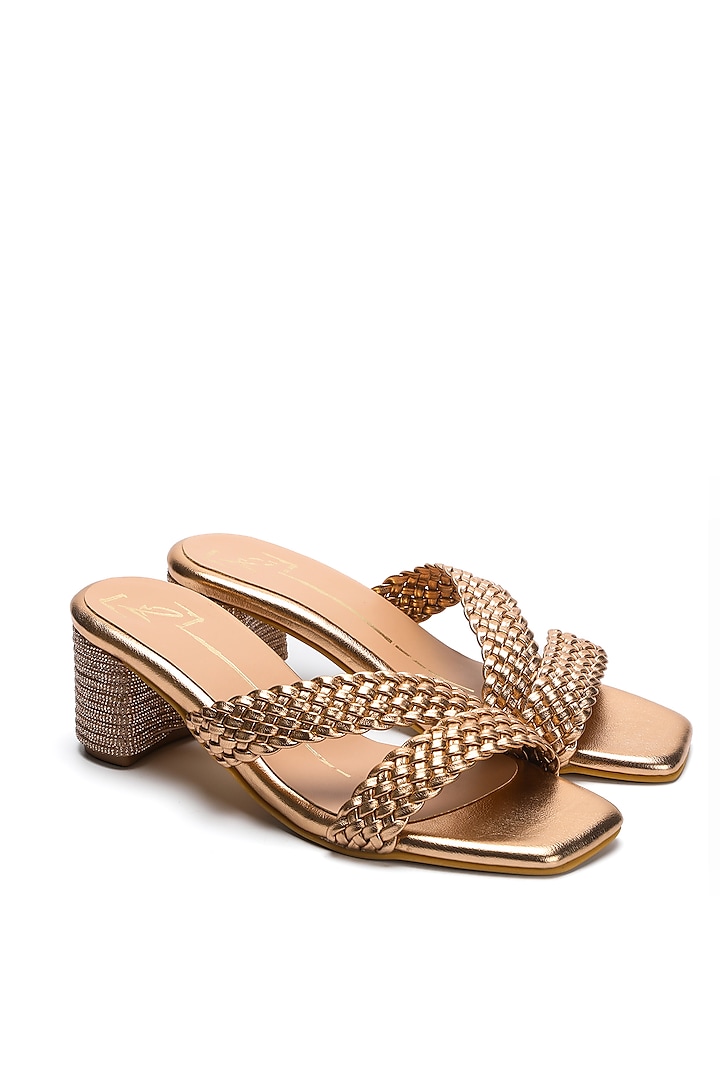 Rose Gold Faux Leather Textured Strap Block Heels by NIDHI BHANDARI at Pernia's Pop Up Shop