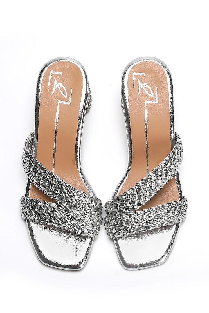 Silver Faux Leather Textured Strap Block Heels by NIDHI BHANDARI