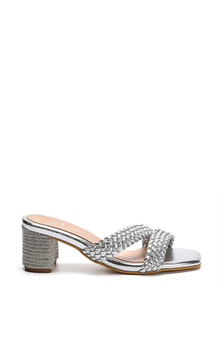 Silver Faux Leather Textured Strap Block Heels by NIDHI BHANDARI at Pernia's Pop Up Shop